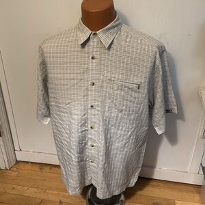 The North Face Sz L Beige, black plaid button down hiking shirt.